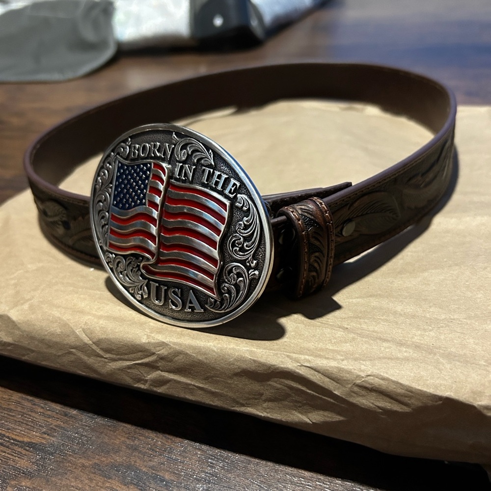 Ariat Brown Leather Belt with born in the USA buckle